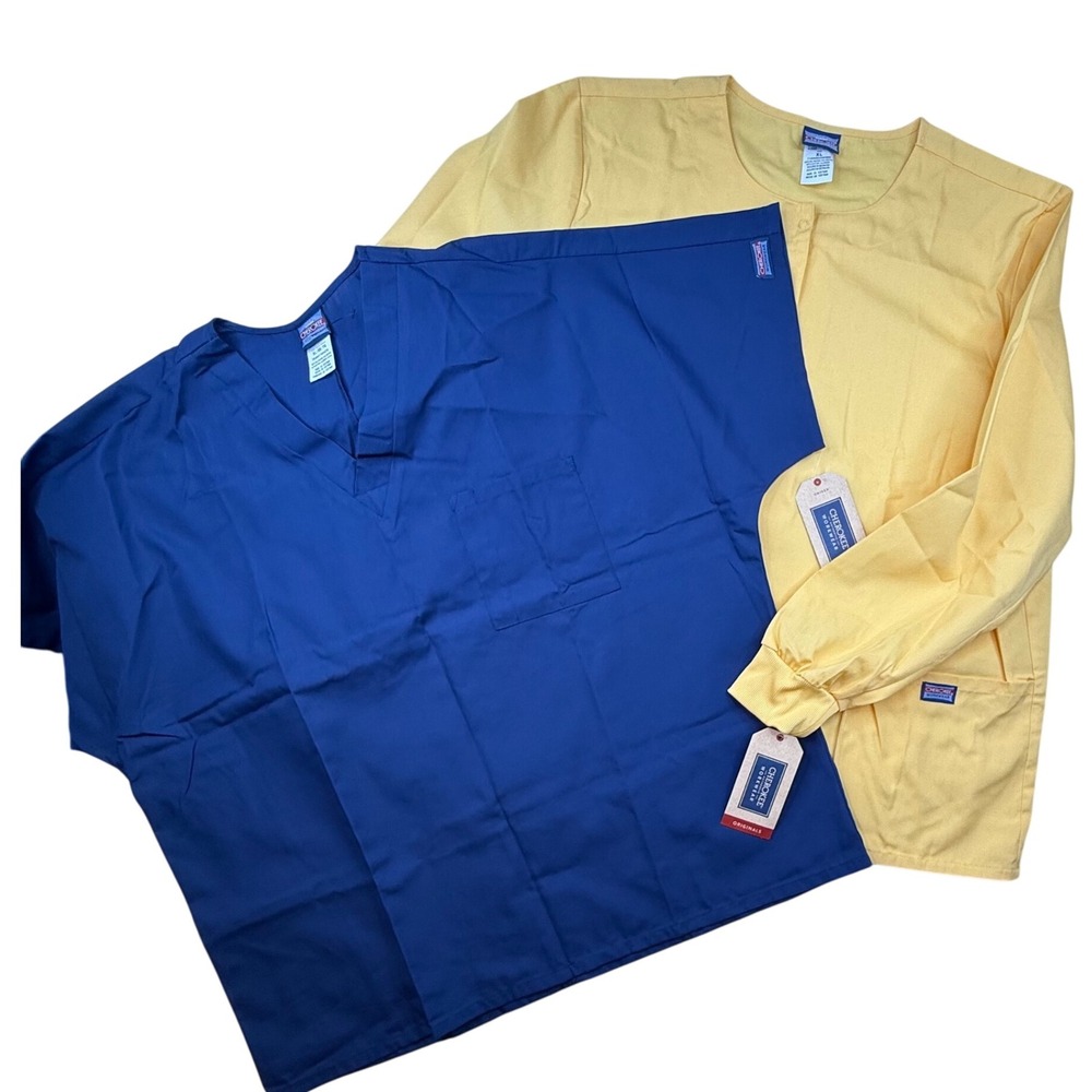 Cherokee Scrub Top Long Sleeve Yellow short sleeve navy lo‎ of 2 shirts both XL